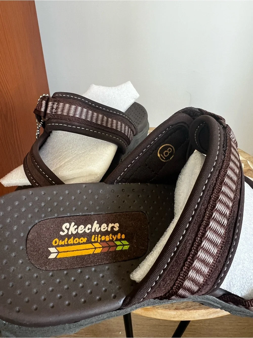 Skechers Reggaes Woman’s Dark Brown Plaid Strap Slide Sandals